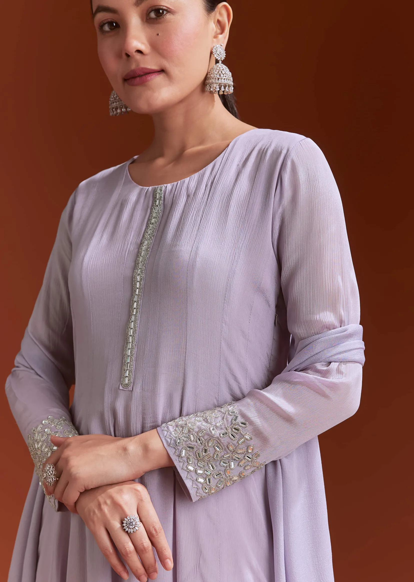 Lavender Chinon Anarkali Suit With Beads And Stone Work
