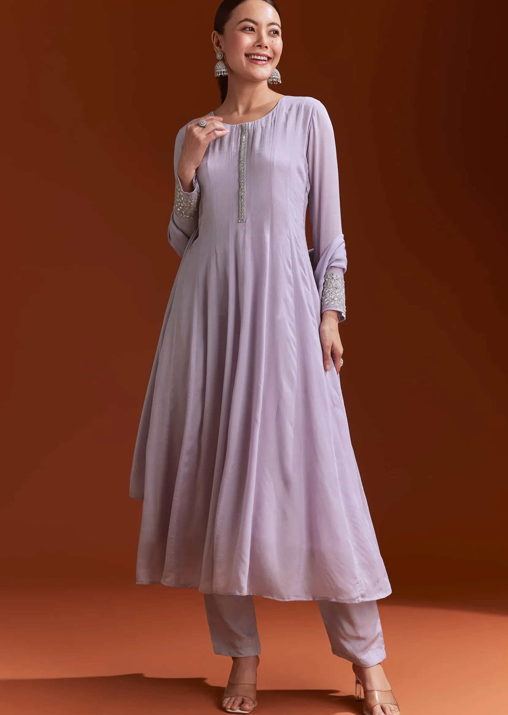 Lavender Chinon Anarkali Suit With Beads And Stone Work
