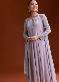 Lavender Chinon Anarkali Suit With Beads And Stone Work