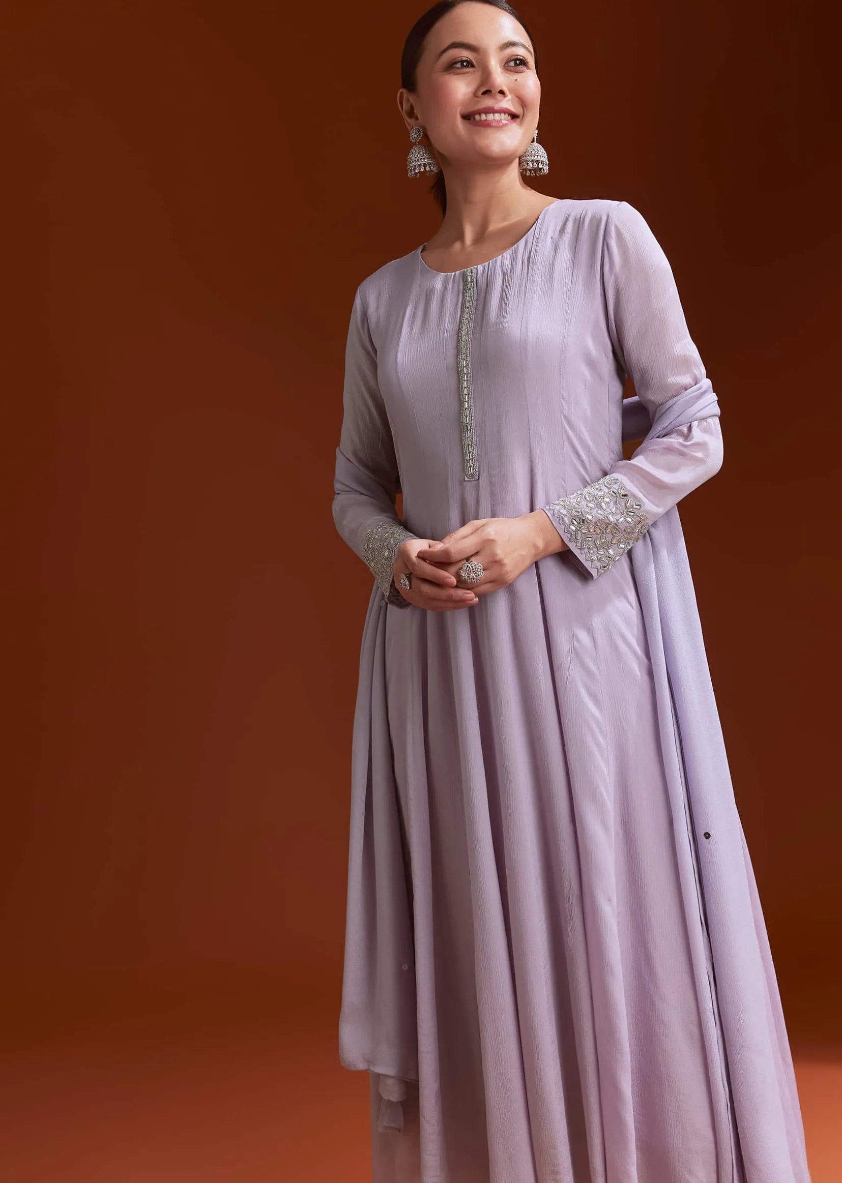 Lavender Chinon Anarkali Suit With Beads And Stone Work