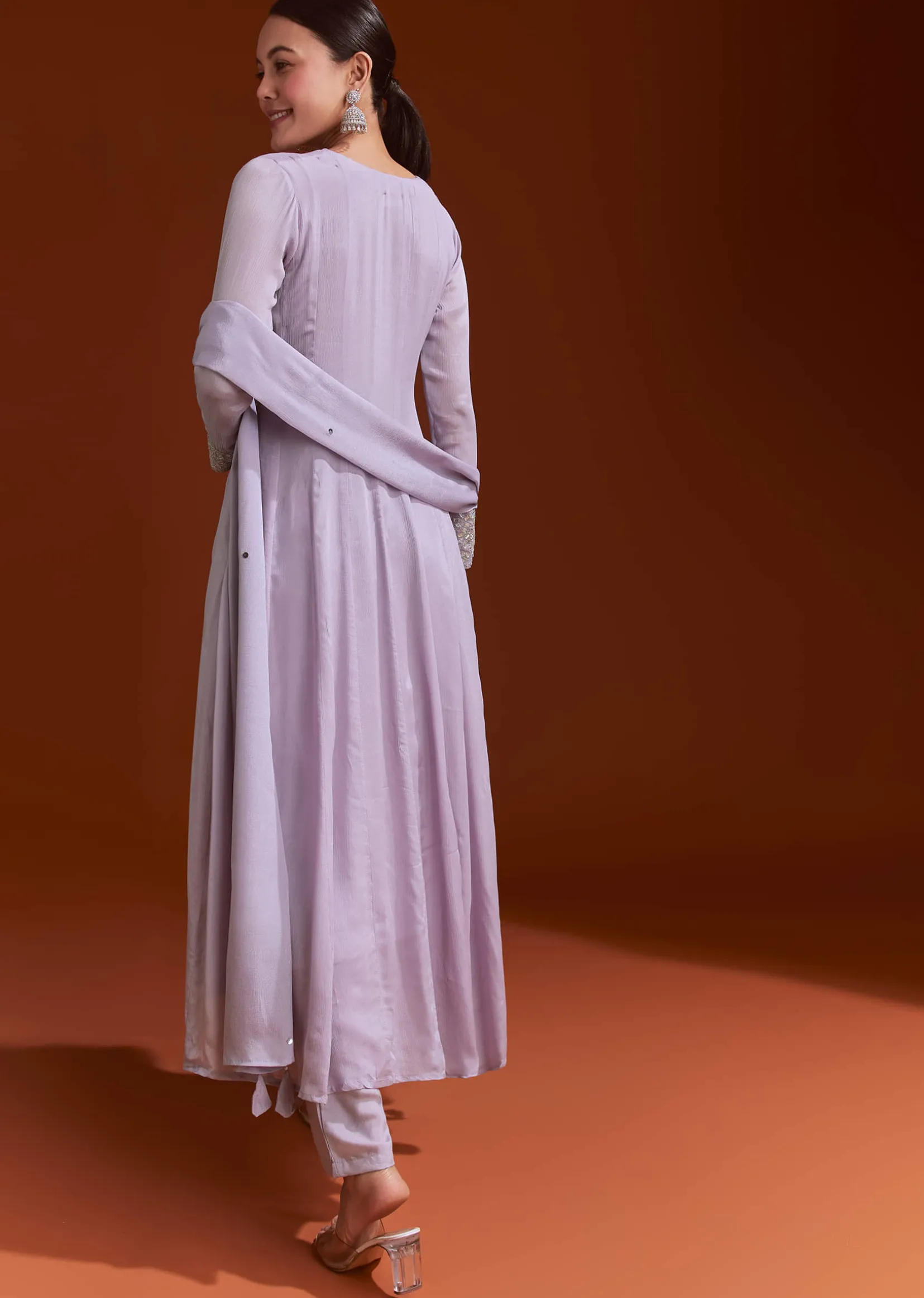 Lavender Chinon Anarkali Suit With Beads And Stone Work