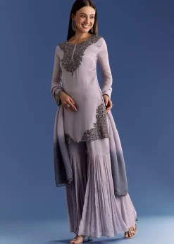 Lavender Chinon Beaded Work Kurta Set And Ombre Dupatta
