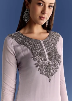 Lavender Chinon Beaded Work Kurta Set And Ombre Dupatta