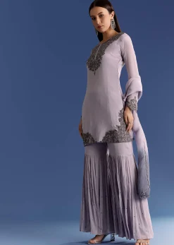 Lavender Chinon Beaded Work Kurta Set And Ombre Dupatta