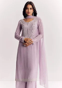 Lavender Chinon Kurta Palazzo Suit With Zardosi And Cutdana Dupatta