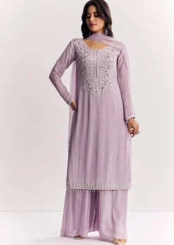 Lavender Chinon Kurta Palazzo Suit With Zardosi And Cutdana Dupatta