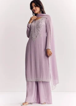 Lavender Chinon Kurta Palazzo Suit With Zardosi And Cutdana Dupatta