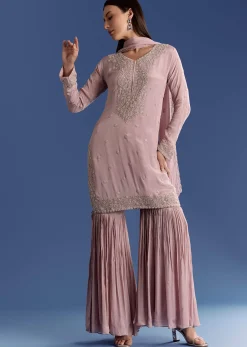 Lavender Chinon Kurta Set With Moti And Cutdana Dupatta