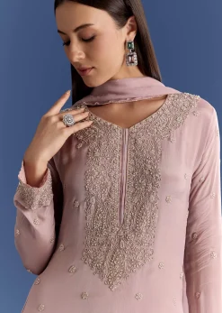 Lavender Chinon Kurta Set With Moti And Cutdana Dupatta