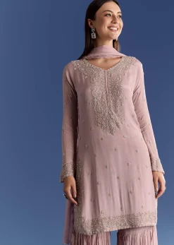 Lavender Chinon Kurta Set With Moti And Cutdana Dupatta