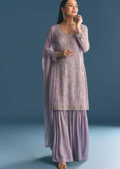 Lavender Chinon Kurta Sharara With Cutdana Dupatta