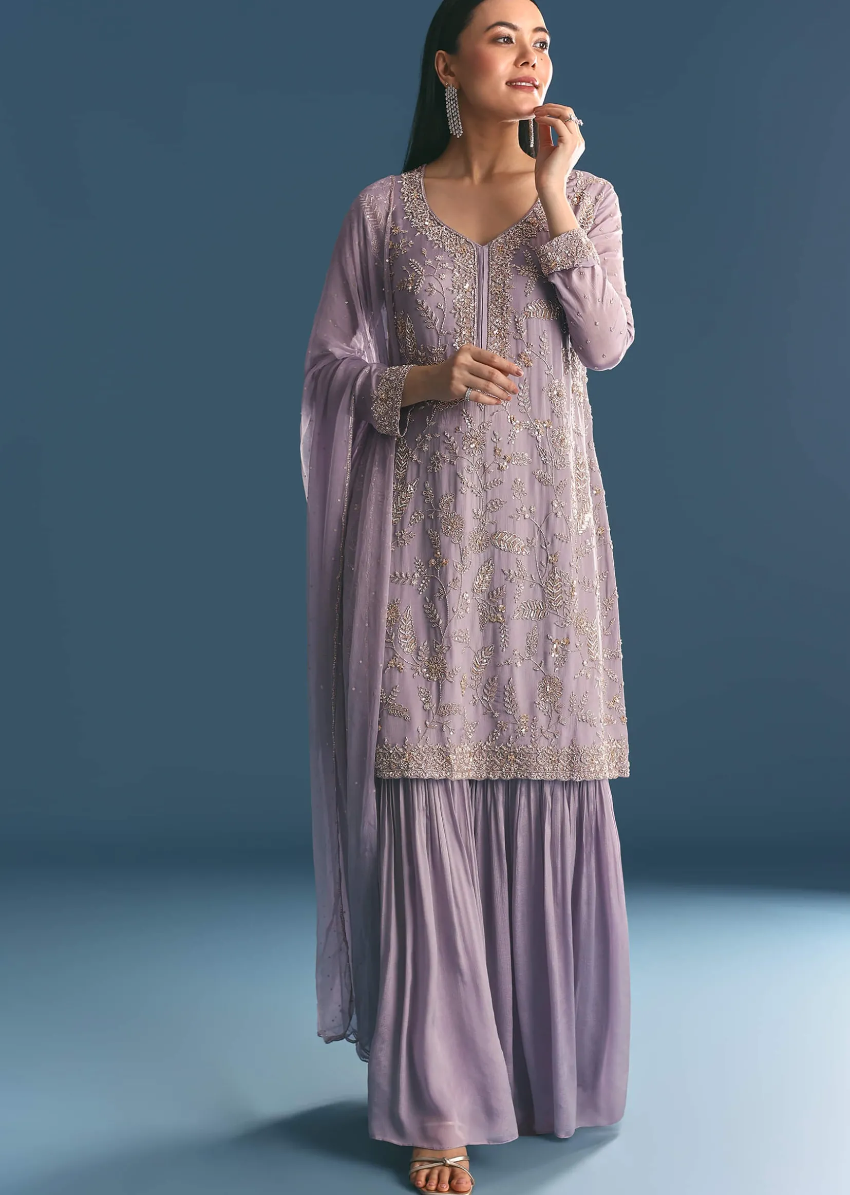 Lavender Chinon Kurta Sharara With Cutdana Dupatta