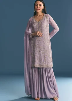 Lavender Chinon Kurta Sharara With Cutdana Dupatta