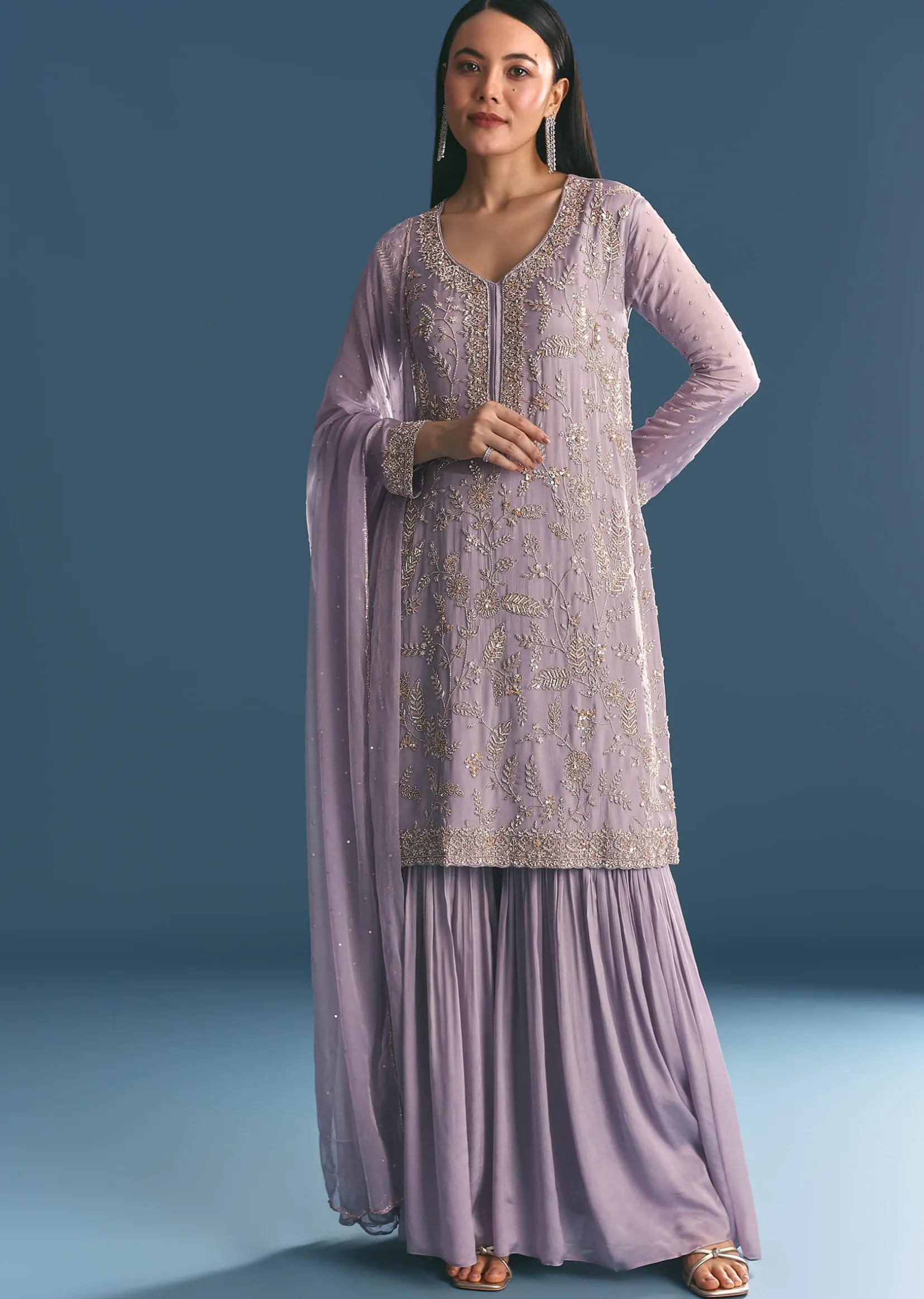 Lavender Chinon Kurta Sharara With Cutdana Dupatta