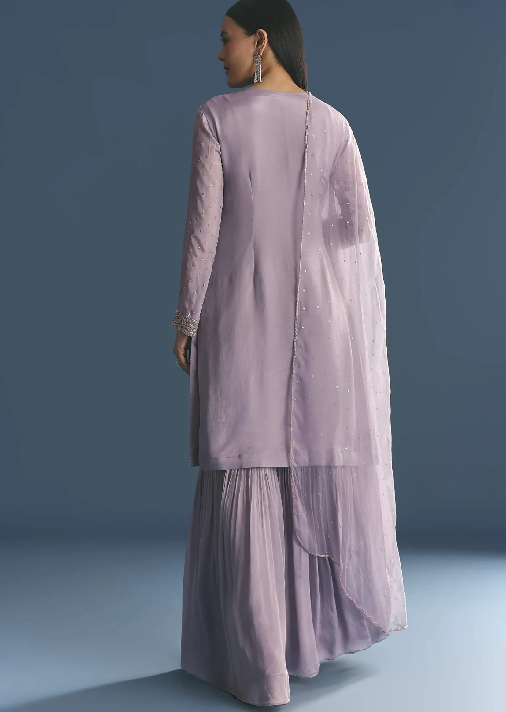 Lavender Chinon Kurta Sharara With Cutdana Dupatta