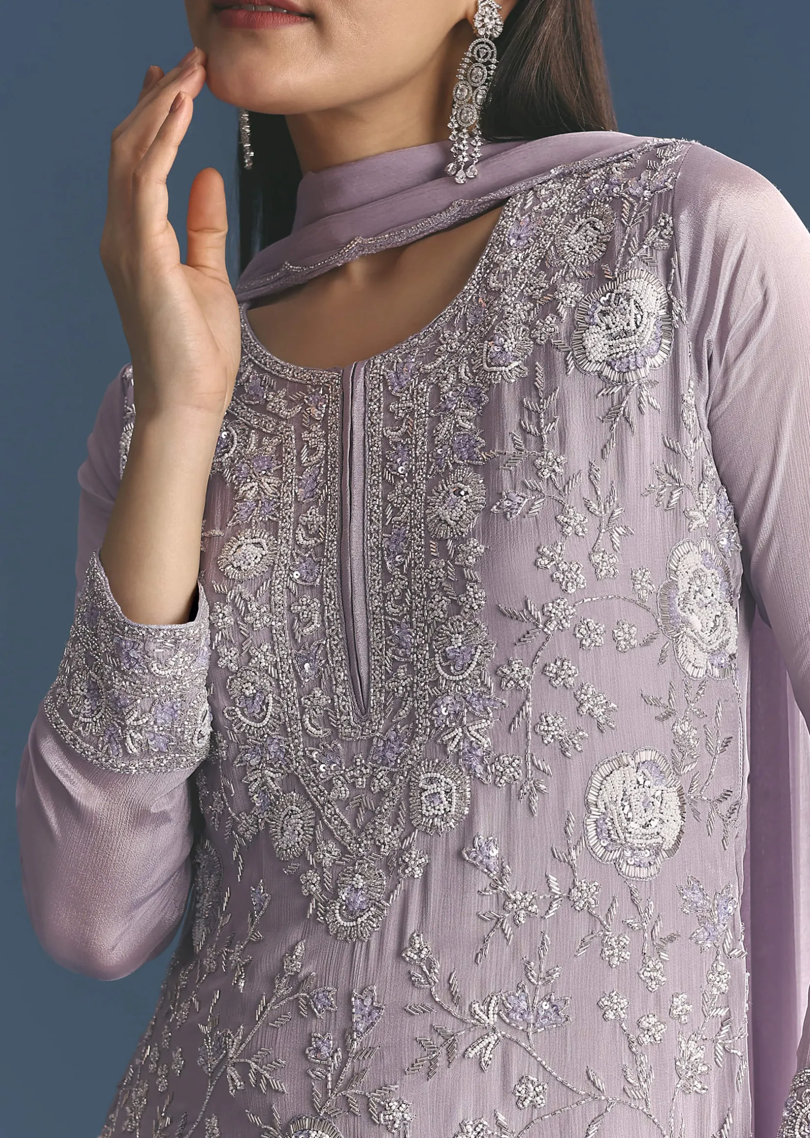 Lavender Chinon Kurta Sharara Suit With Moti Work