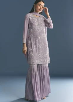Lavender Chinon Kurta Sharara Suit With Moti Work