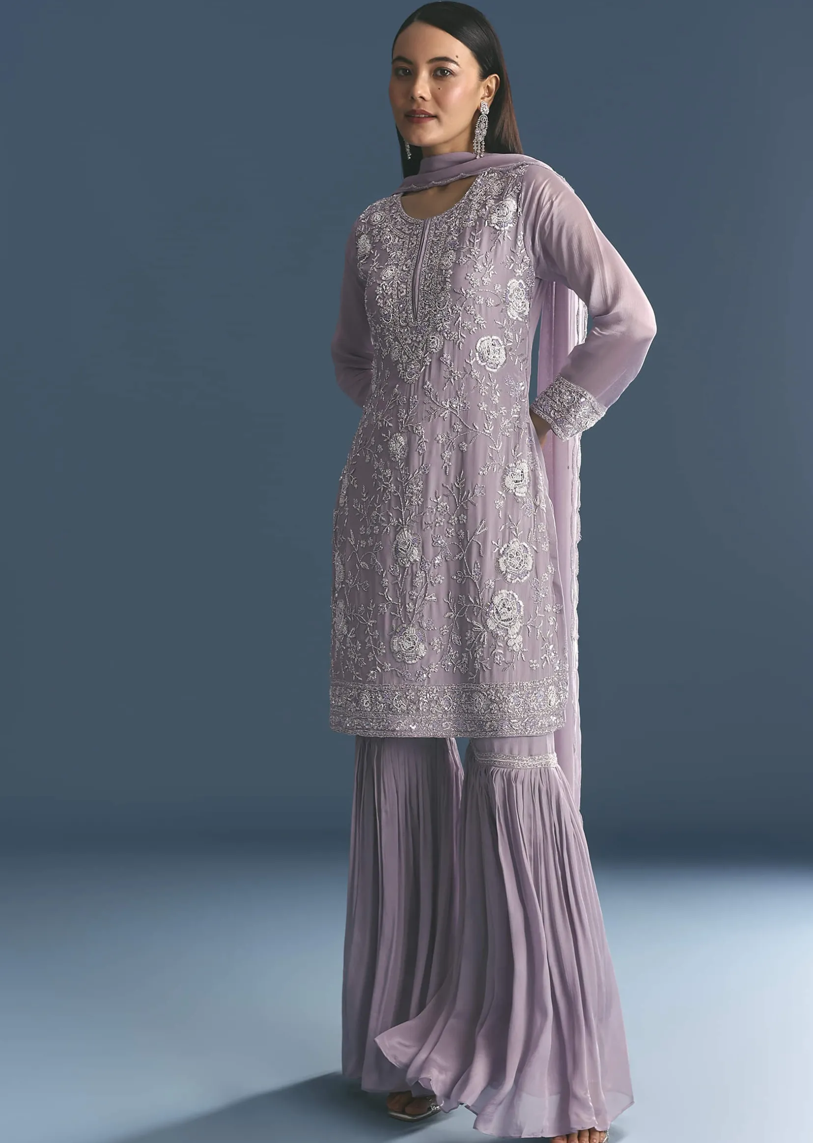Lavender Chinon Kurta Sharara Suit With Moti Work