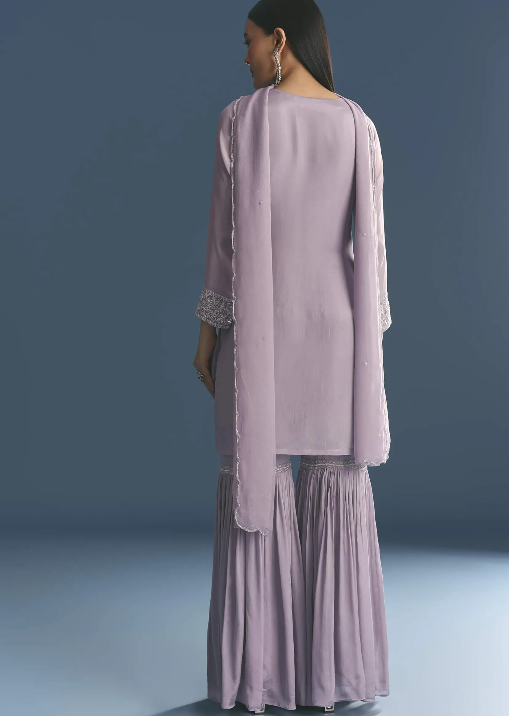 Lavender Chinon Kurta Sharara Suit With Moti Work