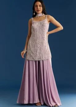 Lavender Chinon Moti Sequin Palazzo Set With Choker Style Dupatta