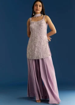 Lavender Chinon Moti Sequin Palazzo Set With Choker Style Dupatta