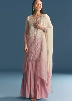 Lavender Chinon Ombre Kurta Palazzo Suit With Sequins Thread Work