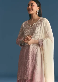 Lavender Chinon Ombre Kurta Palazzo Suit With Sequins Thread Work