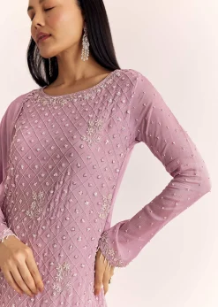 Lavender Chinon Sharara Suit With Cutdana Moti And Sequins