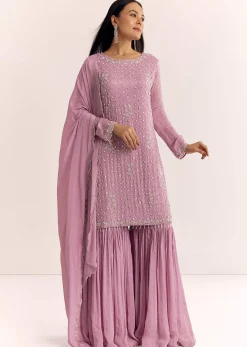 Lavender Chinon Sharara Suit With Cutdana Moti And Sequins