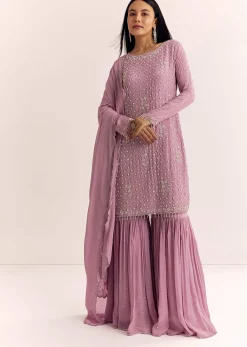 Lavender Chinon Sharara Suit With Cutdana Moti And Sequins