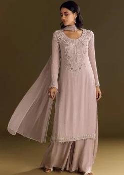 Lavender Chinon Zardosi Kurta Sharara With Cutdana Dupatta