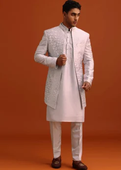 Lavender Cotton Silk Sherwani Set With Thread Work