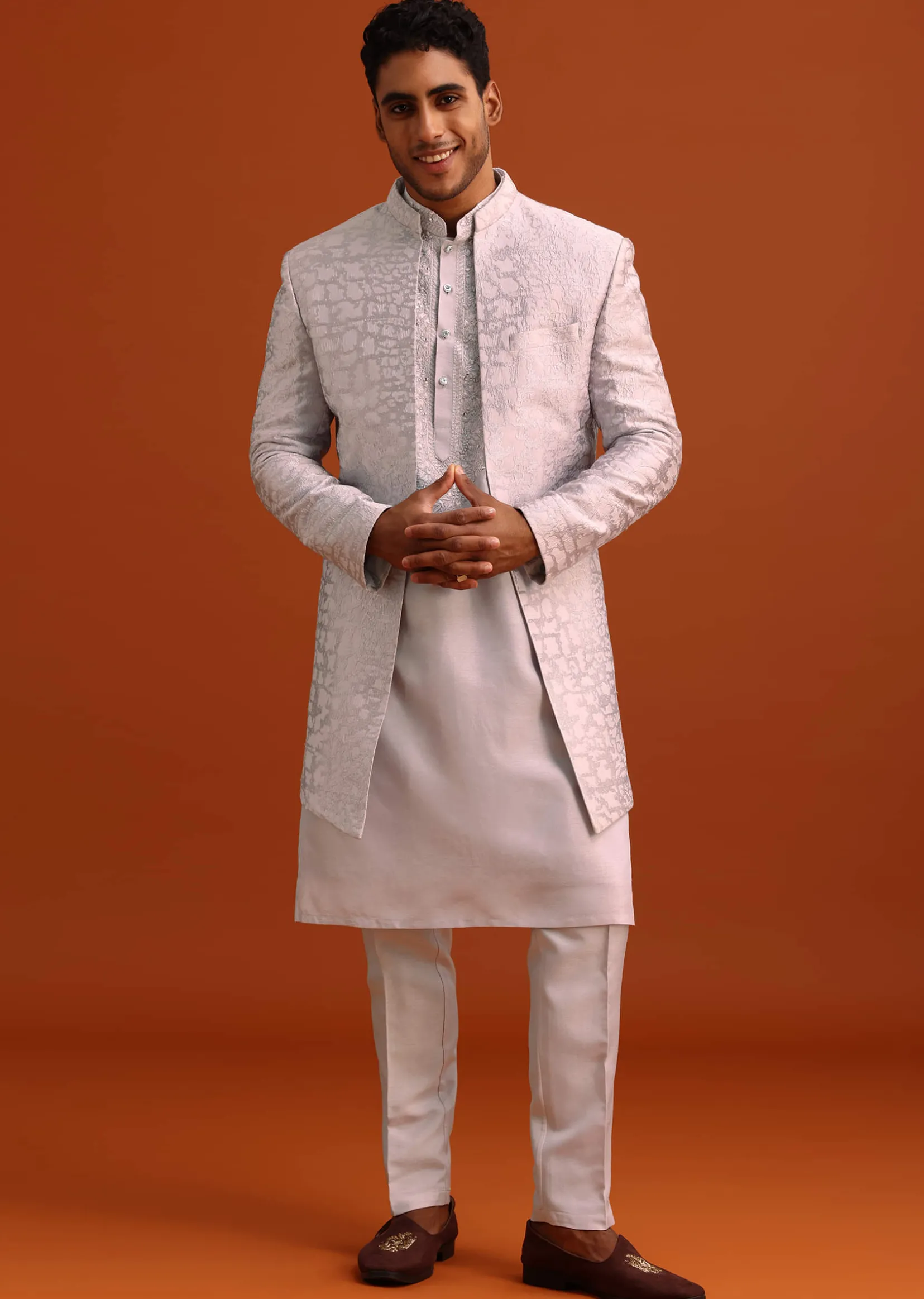 Lavender Cotton Silk Sherwani Set With Thread Work