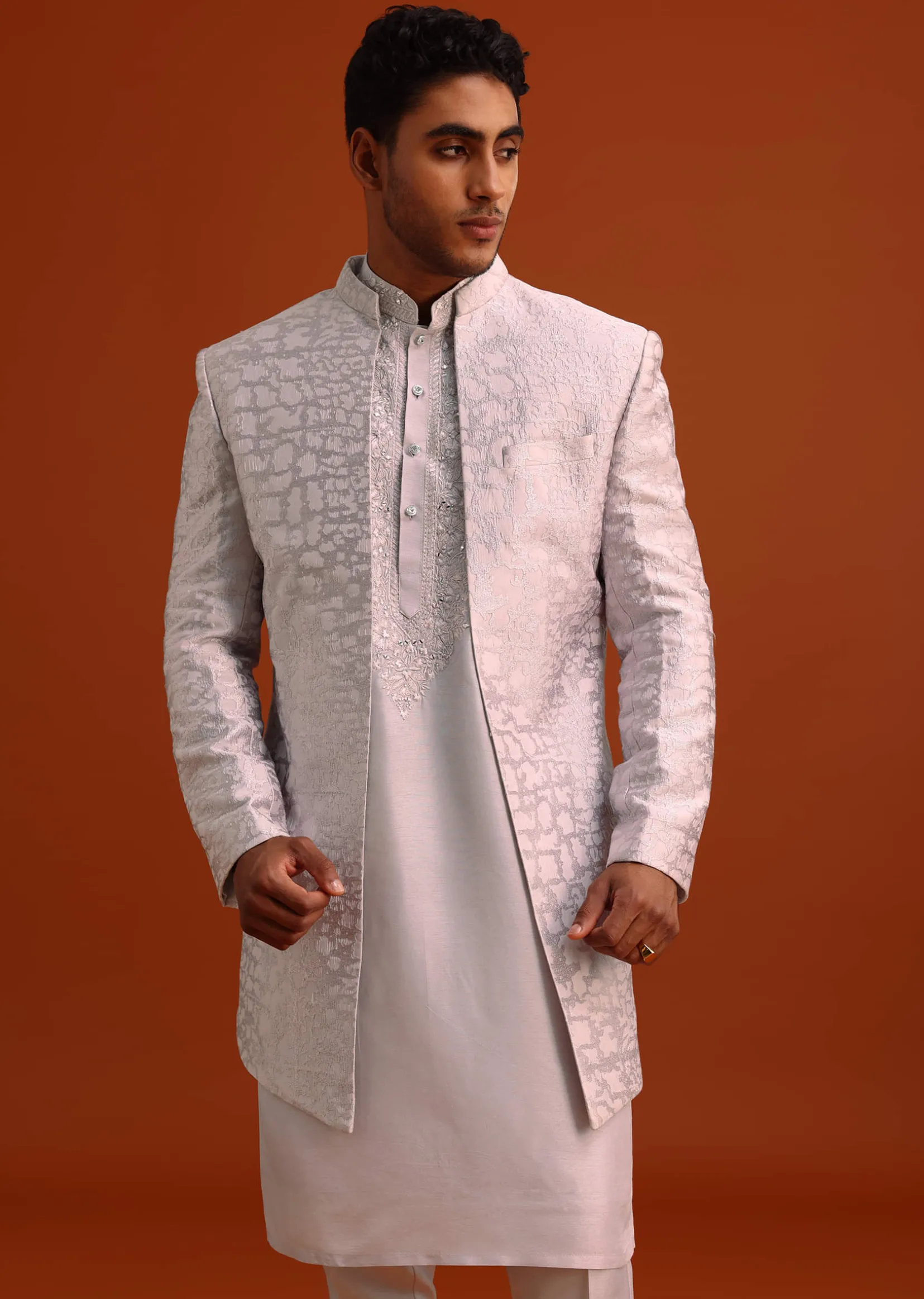 Lavender Cotton Silk Sherwani Set With Thread Work