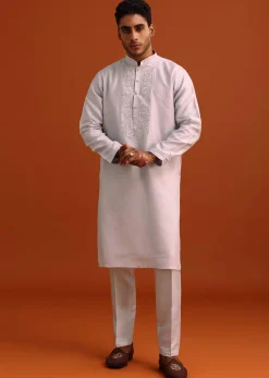 Lavender Cotton Silk Sherwani Set With Thread Work