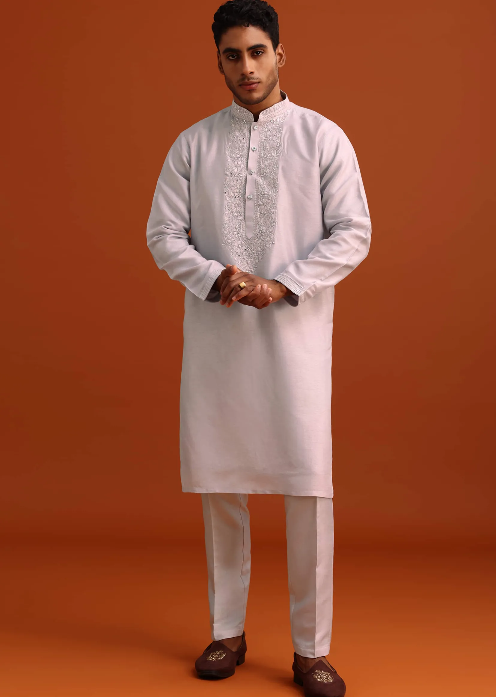 Lavender Cotton Silk Sherwani Set With Thread Work