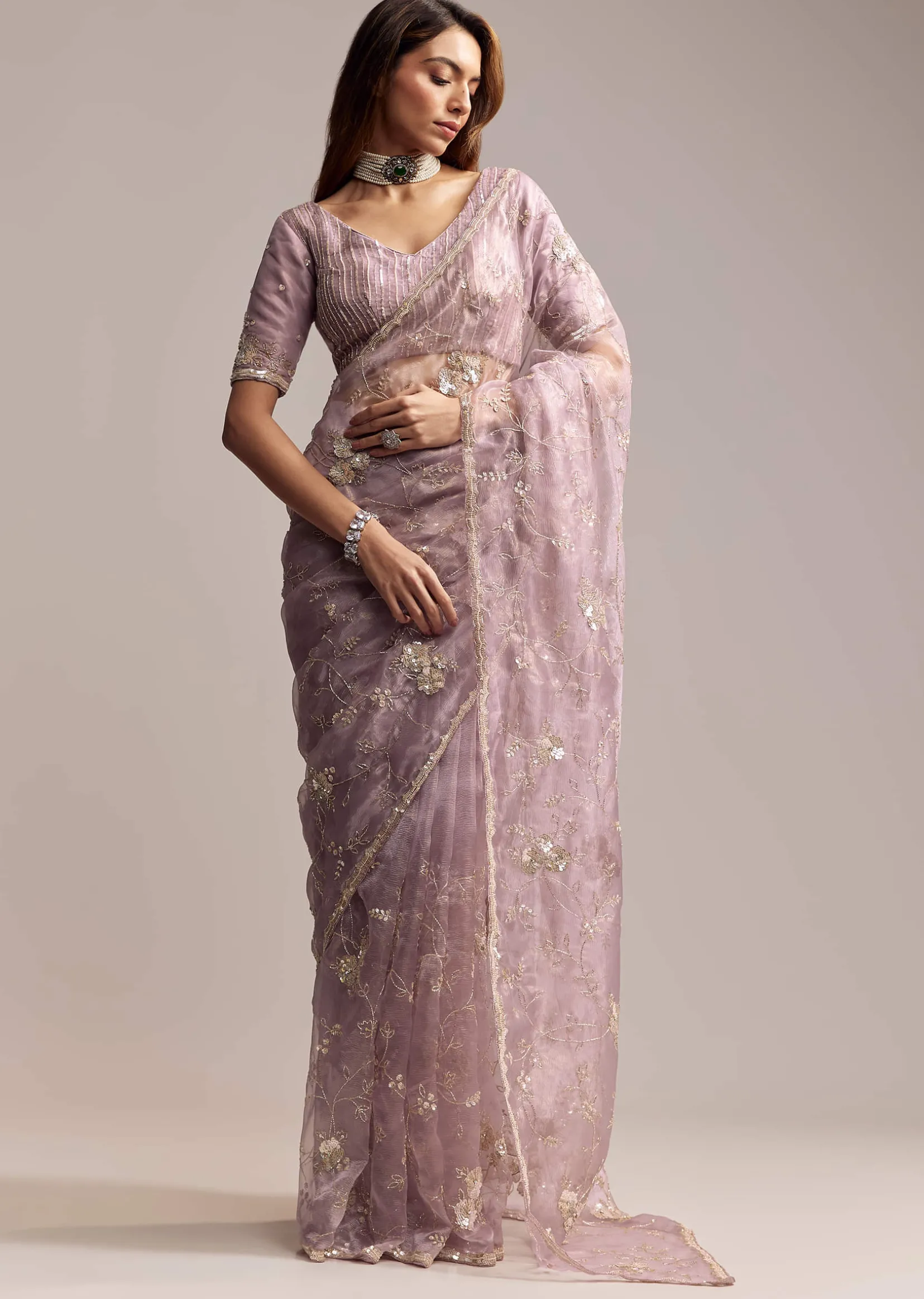 Lavender Crush Tissue Saree With Floral Embroidery