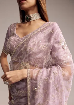 Lavender Crush Tissue Saree With Floral Embroidery