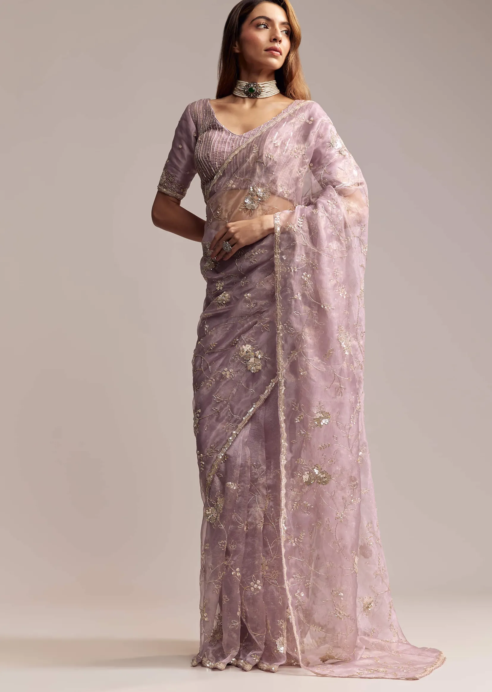 Lavender Crush Tissue Saree With Floral Embroidery