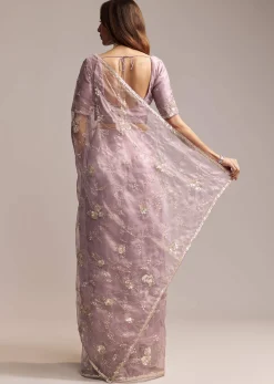 Lavender Crush Tissue Saree With Floral Embroidery