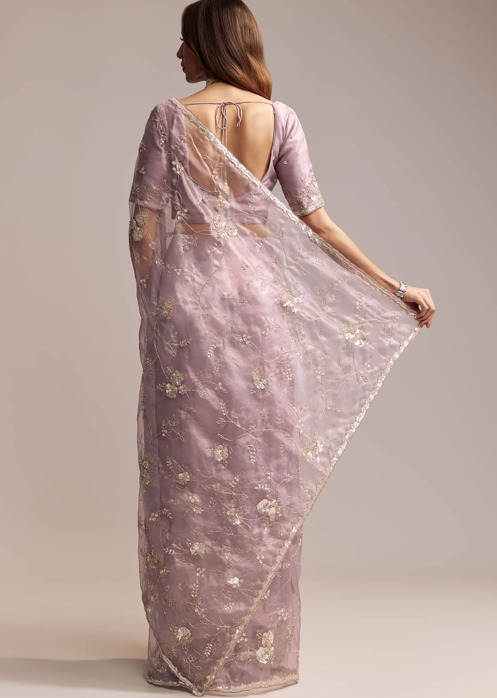 Lavender Crush Tissue Saree With Floral Embroidery