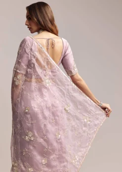 Lavender Crush Tissue Saree With Floral Embroidery