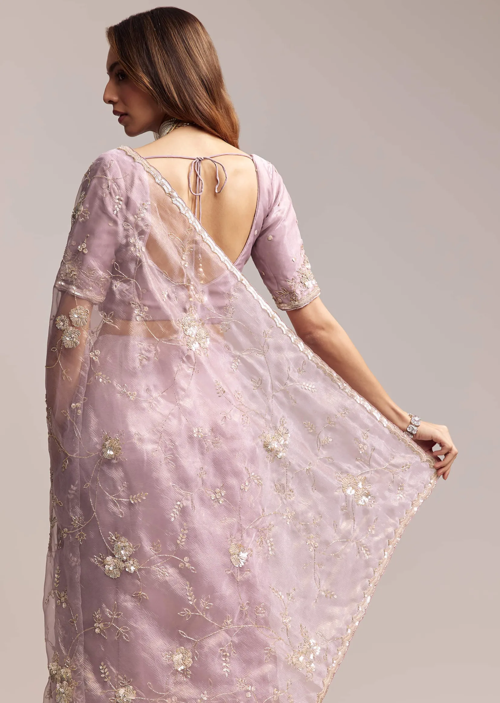 Lavender Crush Tissue Saree With Floral Embroidery