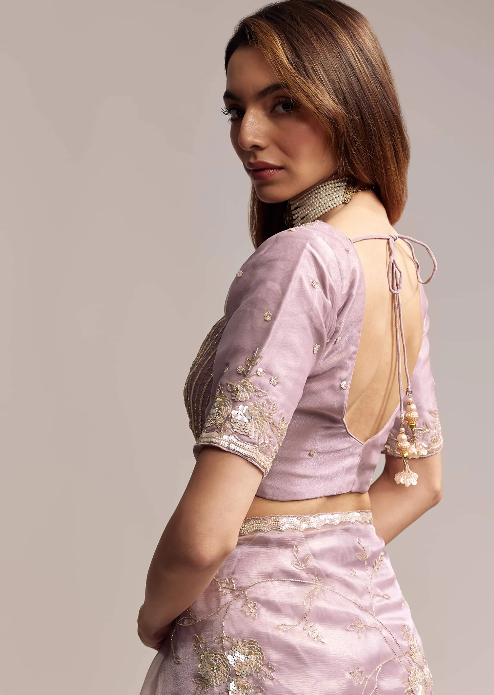 Lavender Crush Tissue Saree With Floral Embroidery