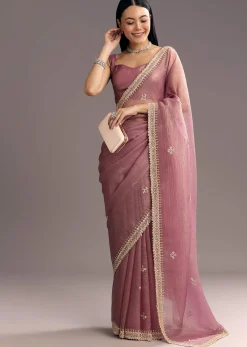 Lavender Crushed Tissue Saree With Stones And Cutdana Embroidery