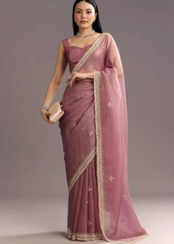 Lavender Crushed Tissue Saree With Stones And Cutdana Embroidery