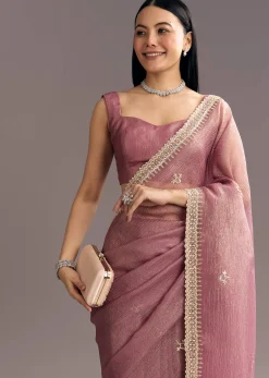 Lavender Crushed Tissue Saree With Stones And Cutdana Embroidery