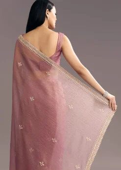 Lavender Crushed Tissue Saree With Stones And Cutdana Embroidery