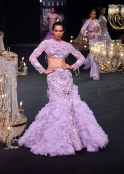 Lavender 3D Ruffle Fish Cut Skirt And Crystal Blouse Set