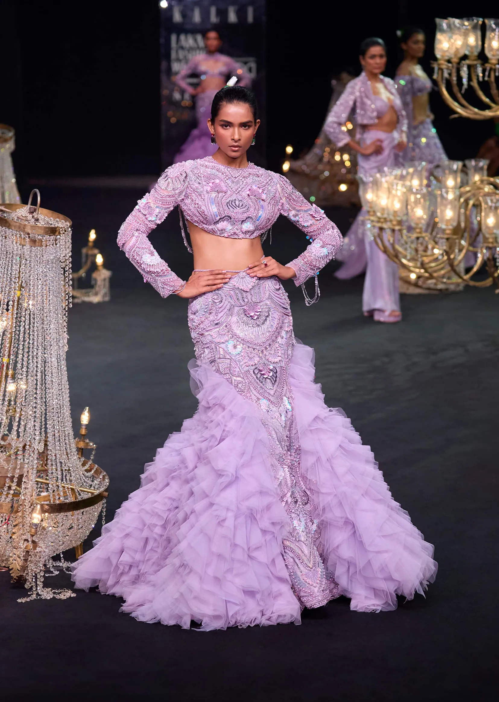 Lavender 3D Ruffle Fish Cut Skirt And Crystal Blouse Set